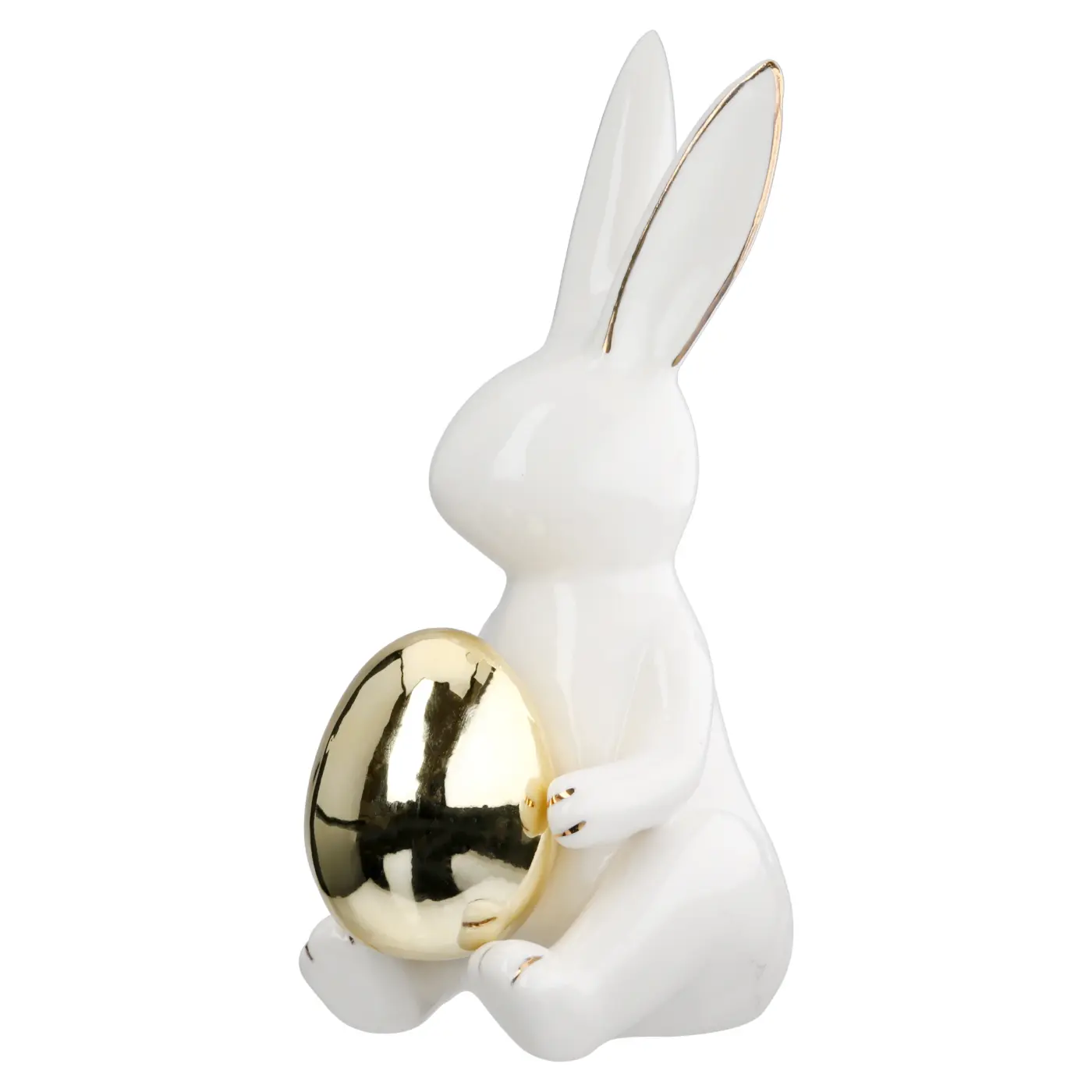  Hase "Hugo" Porzellan weiß sitzend mit Ei 13 cm hoch