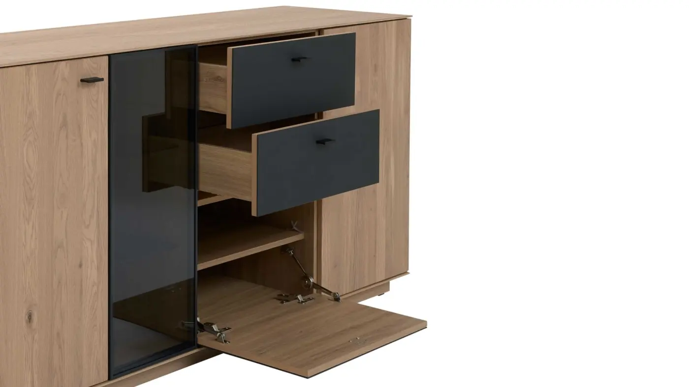 Interliving Sideboard Serie 2025 W-Eiche massiv/Glas Anthr B/H/T ca. 175/87/50 cm