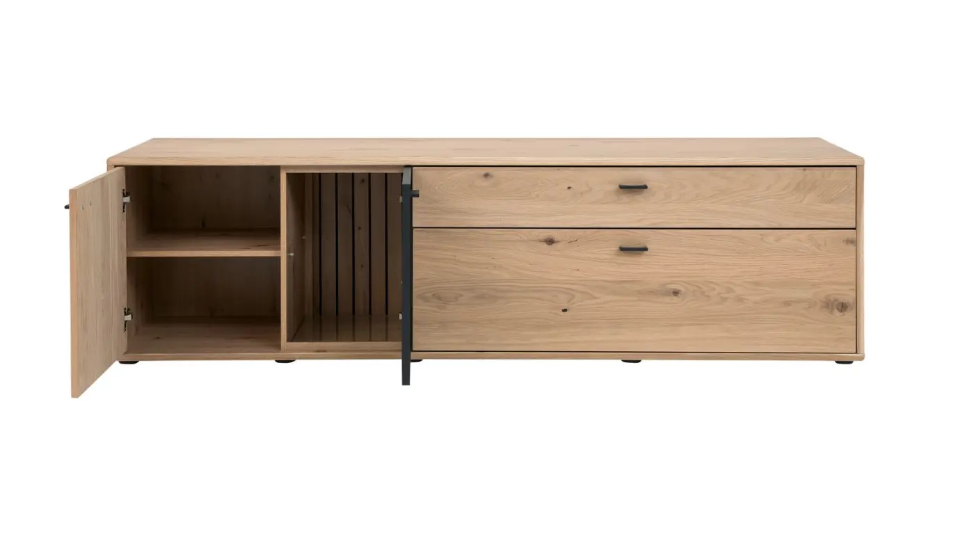 Interliving  Wohnwand Serie 2024 Eiche furniert - mit Schwarzglas  ca. 299,2 x 207,7 x 50,2 cm 