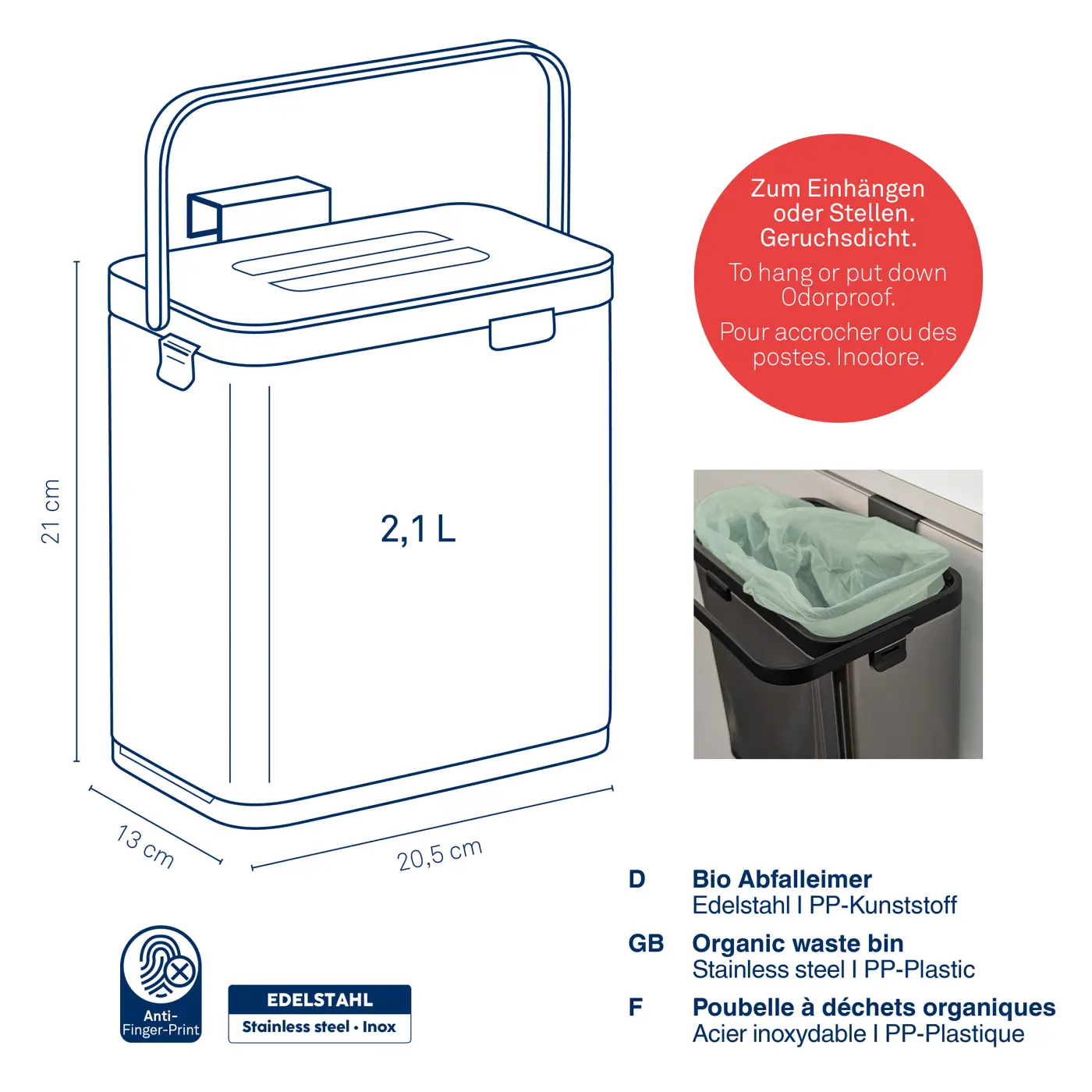 Kela Bio Abfalleimer Plata dunkelgrau / silber matt 2,1 l