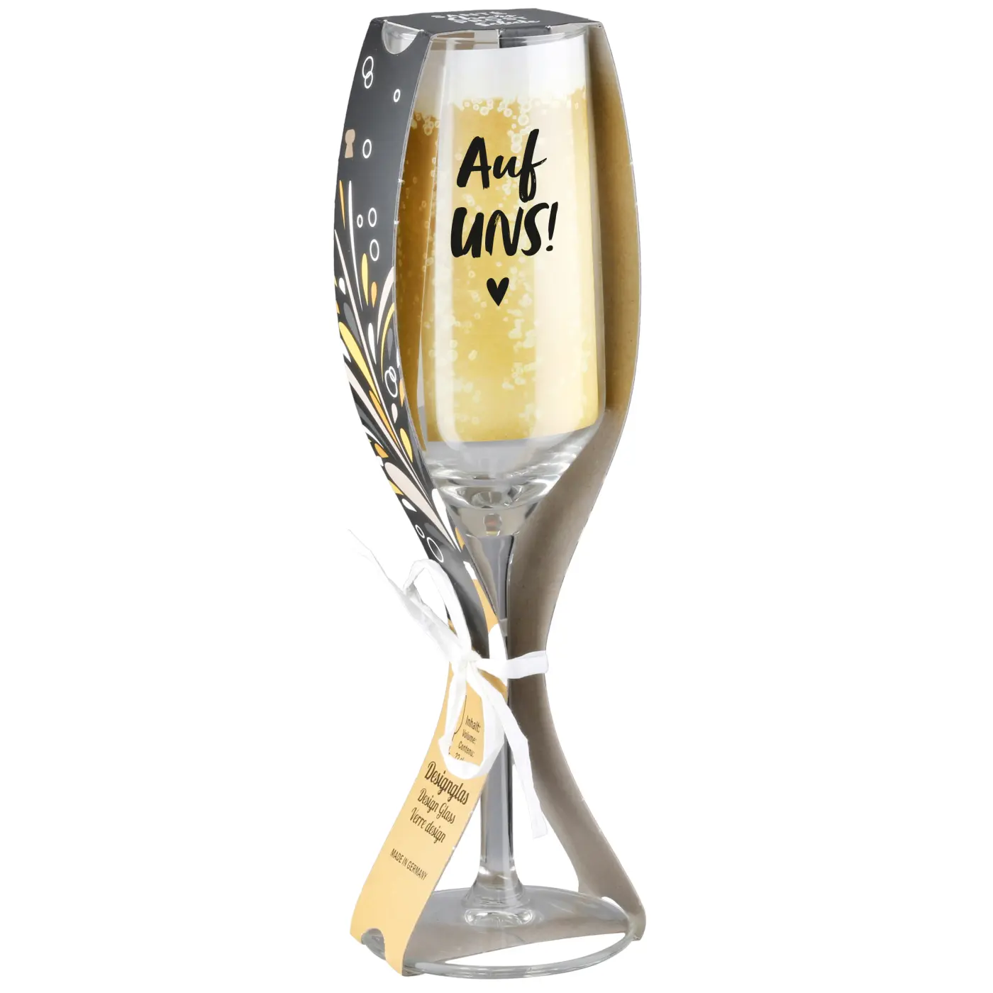 Gilde Sektglas "Auf uns!" klar mit Spruch und Banderole