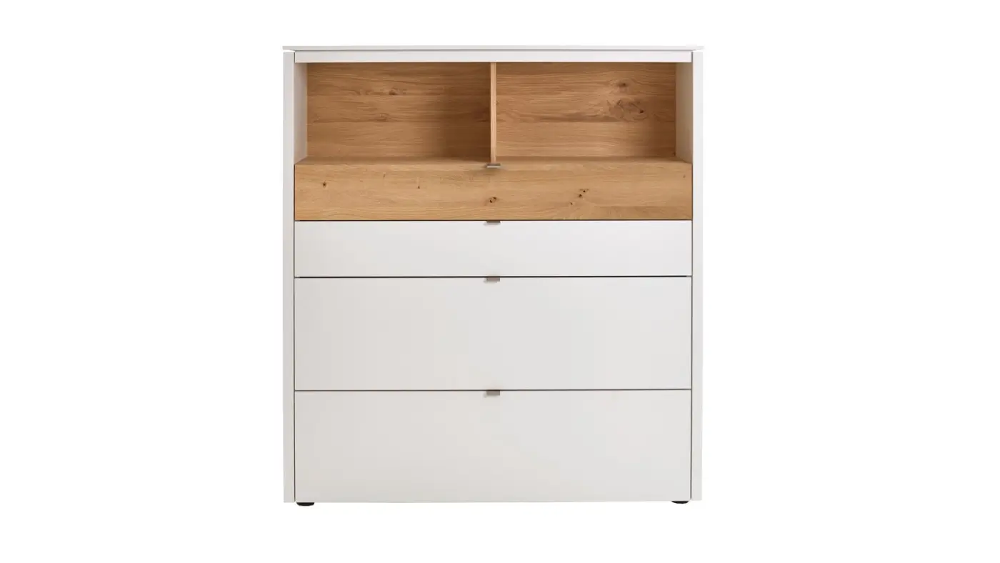 Venjakob Highboard Game Lack weiß matt Absetzung Balkeneiche   127 x 140 x 43cm