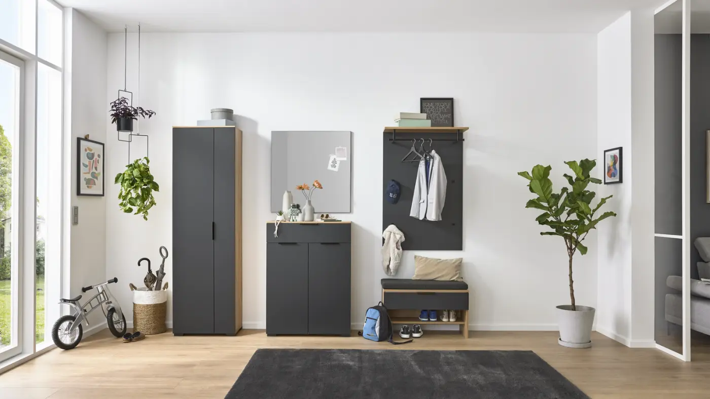 Interliving Garderobenkombi Serie 6012 Anthrazit Asteiche Dekor