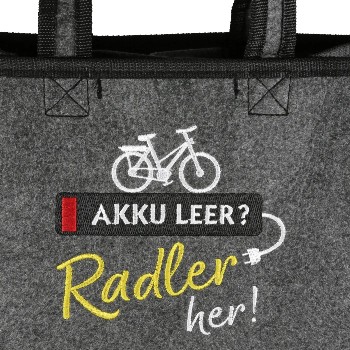 Gilde Handwerk Flaschentasche "Fahrradliebe"  - "Akku leer? Radler her!"Filz dunkelgrau
