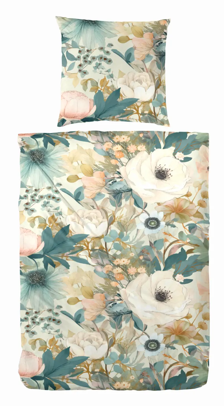 Hahn Mako-Satin-Bettwäsche floral grün-gelb 135x200cm + 80 x 80 cm(Hahn  floral grün-gelb)